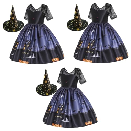 Alasum 3 STK Hexenoutfit für Kinder kinderkostüme Halloween kinderkostum Halloween faschingskostüme Kinder Hexenkostüm Outfit für Mädchen Cartoon-Rock Maskerade-Hexen-Outfit Black von Alasum