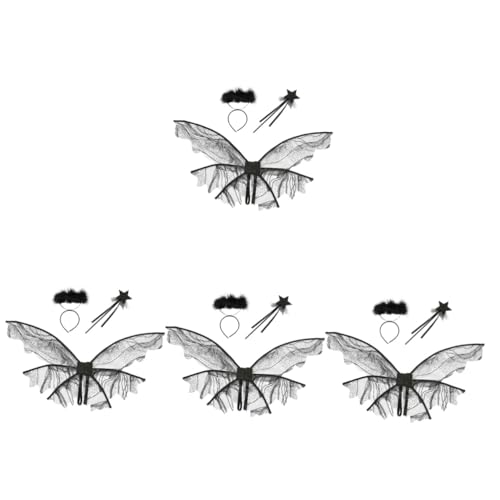 Alasum 4 Sätze Kostüm Flügel Engelsflügel Kostüm Feenstab Zauberstäbe Flügel Kostüm groß feeflügeln fasnachtskostüme Feenflügelkinder Feenflügel für Mädchen Gittergewebe Black von Alasum