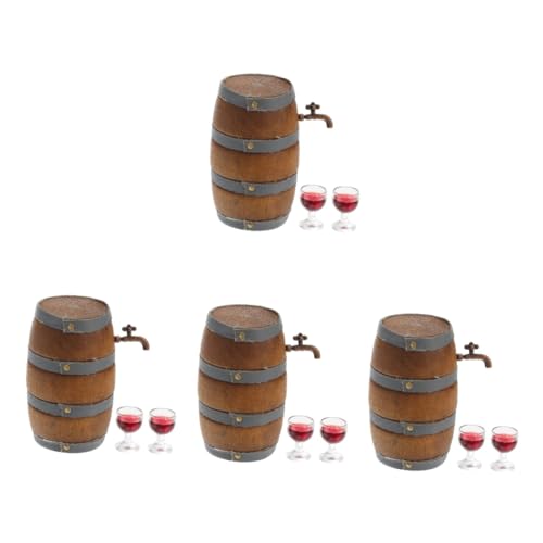 Alasum 4 Sätze Pocket Weinkeller Dekoration Miniatur-weinmodell Rotwein Miniatur-weinfass-Figur Miniatur-weinfass Mit Weinbechern Mini-puppenhaus Miniatur-weinfass-Dekoration Holz von Alasum