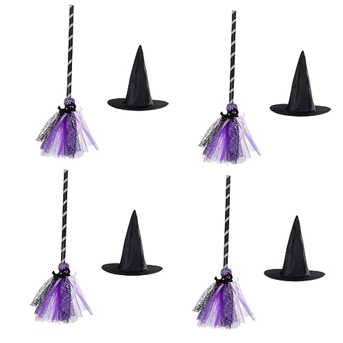 Alasum 4 Sätze Zauberhut Besen Zauberer Besen Halloween-Hüte Zaubererkappen Halloween Dekoration Halloween-Dekoration Halloween-Cosplay-Requisiten Halloween Hexenbesen Plastik Violett von Alasum