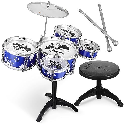 Alasum 5 Teilige Schlagzeug Mit Hocker Pädagogisches Musikinstrument Für Kleinkinder Drum Set Für Anfänger Ideales Für Kleine Musiker von Alasum