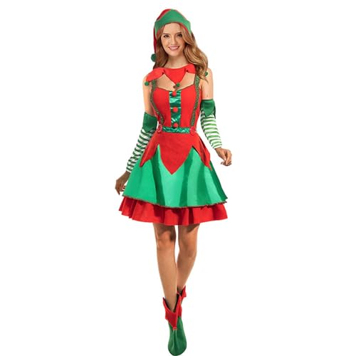 Alaurbeauty 5 pcs Weihnachtskostüm Santa Elf Kleid Rollenspiel Party Geschenk Erwachsene Kostüm Outfit mit Hut Socke Weihnachtself | Weihnachtswichtel (Rot, L) von Alaurbeauty