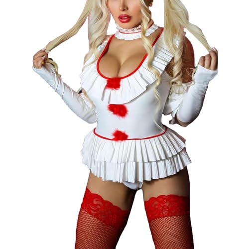 Alaurbeauty Damen Spaßmacherin-Kostüm, Clown, Zirkus, Erwachsene Harlekin Kostüm für Halloween Cosplay Party Karneval, Schwarz Weiß (Weiß, XL) von Alaurbeauty