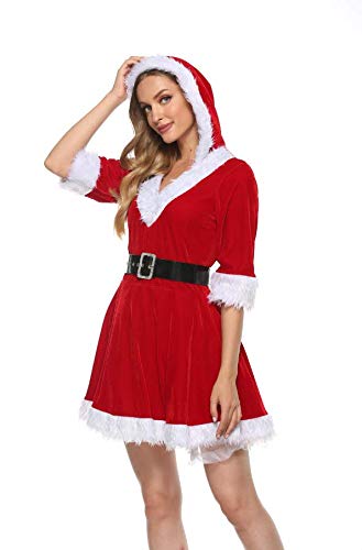 Alaurbeauty Damen Weihnachten Kostüm Neckholder Sexy Minikleid Partykleid Nikolaus Weihnachtsfrau Kostüm Miss Santa Kleid Weihnachtskleider (Rot, L) von Alaurbeauty