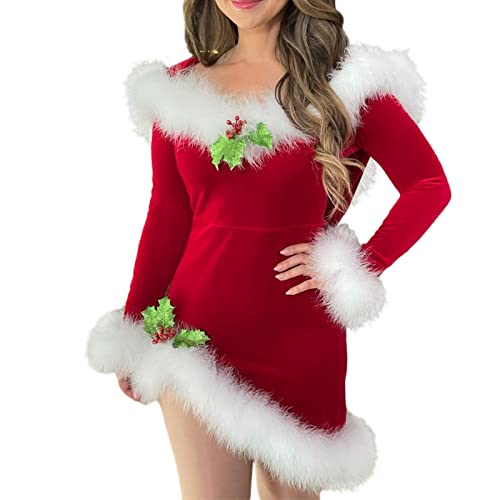 Alaurbeauty Damen Weihnachten Santa Kostüm, Sexy Plüsch Trim Minikleid Partykleid Nikolaus Weihnachtsfrau Kostüm Miss Santa Kleid Weihnachtskleider für Cosplay (Dress, Rot, XL) von Alaurbeauty