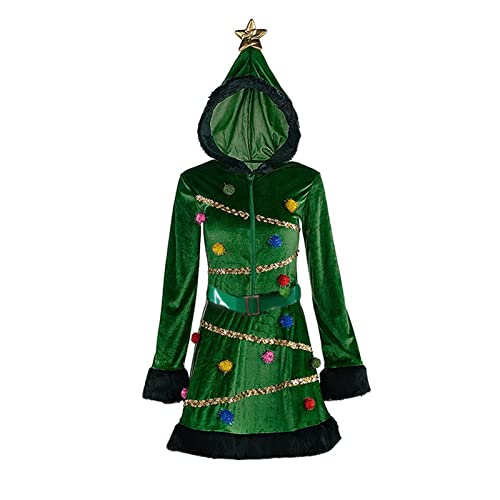 Alaurbeauty Damen Weihnachtsbaum Kostüm Pailletten Samt Elf Kleid mit Kapuze Gürtel Fancy Cosplay Weihnachtsbaum Outfit für Erwachsene (Grün, L) von Alaurbeauty