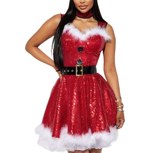 Alaurbeauty Damen Weihnachtsmann Kostüm Miss Santa Cosplay Kostüm Outfit A Line Partykleid Weihnachtsmannkleid Paillettenpelz Patchwork Gürtel Slip Partykleid (Dress, Rot, L) von Alaurbeauty