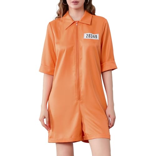 Alaurbeauty Erwachsene Häftling Kostüm Orange Overall, Damen Prisoner Kostüm, Herren Gefangener Sträfling kostüme für Cosplay Halloween Party Karneval (Damen Orange Kurzarm, XXL) von Alaurbeauty