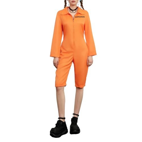 Alaurbeauty Erwachsene Häftling Kostüm Orange Overall, Damen Prisoner Kostüm, Herren Gefangener Sträfling kostüme für Cosplay Halloween Party Karneval (Damen Orange Langarm, L) von Alaurbeauty