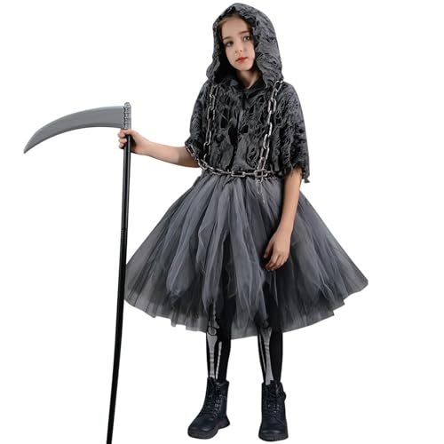 Alaurbeauty Mädchen Sensenmann Kostüm mit Tutu Kleid, Sense, Ketten und Socken Halloween Kostüm Kinder Grim Reaper Kostüm für Karneval Party Cosplay (Schwarz, 10-12 Years) von Alaurbeauty