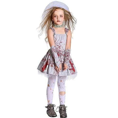 Alaurbeauty Mädchen blutige Zombie Braut Kostüm Ärmellos weißes Brautkleid für Kinder Horror Halloween, Karneval, Themenpartys Kostüm Outfits (Grau, L) von Alaurbeauty