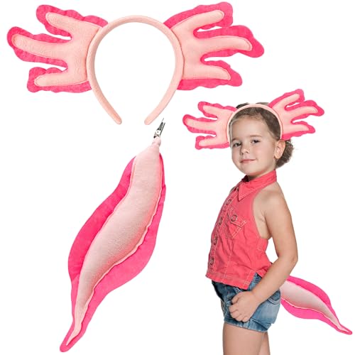 Alaxciax Axolotl Stirnband und Schwanz, Axolotl Kostüm Zubehör Set Axolotl Geschenke für Kinder Mädchen Jungen für Weihnachten Geburtstag Party Cospaly (2 Stück) von Alaxciax