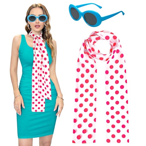 Alaxciax Rosa Polka Dot Schal mit blauem Rahmen polarisierte Sonnenbrille, Lucy Kostüm Zubehör für Frauen Mädchen für Karneval Fasching Mottoparty (Rosa Polka Dot Schal) von Alaxciax