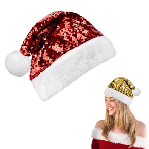 Alederways Weihnachtsmannmütze Weihnachtsmütze, Unisex Weihnachtsparty Hut für Erwachsene, samtweichem Plüsch klassische Pelz Xmas Hut (Rote und goldene Pailletten) von Alederways