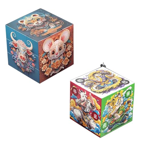 Alenbowen Speed Classic Pattern Mini Cube Set 3X3, magische Puzzle Cube Puzzle Knobelspielzeug - Einfaches Drehen & flüssiges Spielen mit Schlüsselanhänger(Tiger + Kuh) von Alenbowen