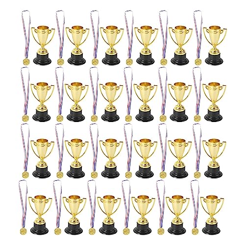 Aliaga 48-Teiliges Trophäen- und Medaillen-Set, 24-Teiliges Gold-Kunststoff-Trophäenbecher und 24-Teilige Medaillen für Sportauszeichnungen für Kinder, Partygeschenke, Langlebige Nutzung von Aliaga