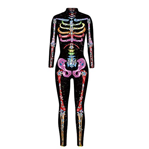 Alidamo Damen 3D Halloween Cosplay Totenkopf Skelett Overall Bodysuit, Bunt 2, Small von Alidamo