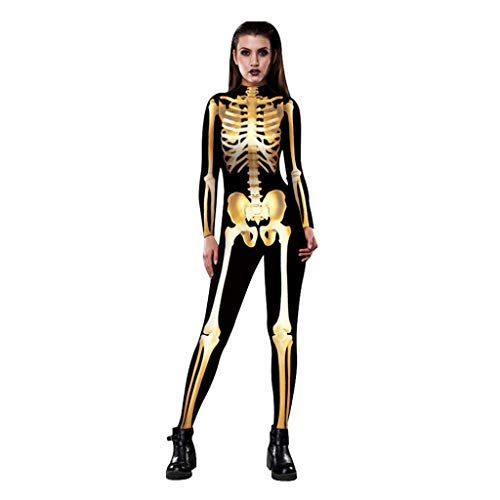 Alidamo Damen 3D Halloween Cosplay Totenkopf Skelett Overall Bodysuit, Goldenes Skelett, X-Large von Alidamo