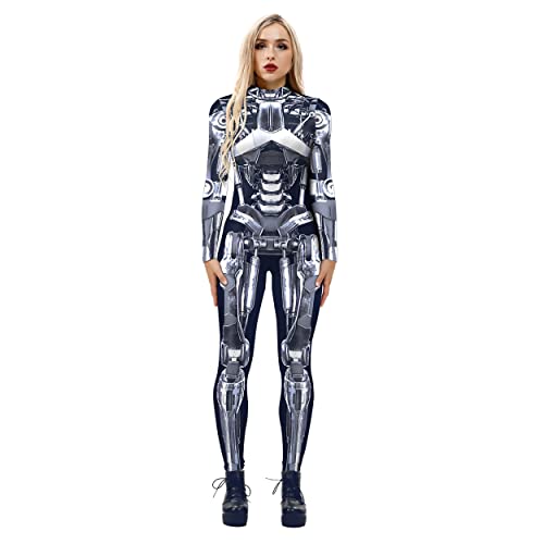 Alidamo Damen Halloween Jumpsuit Body Cosplay 3D Totenkopf Skelett Stahl Roboter groß von Alidamo