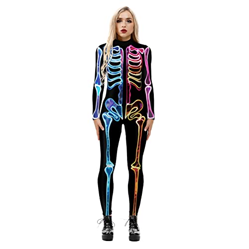 Alidamo Damen Halloween Jumpsuit Body Cosplay 3D Totenkopf Skelett bunt 3 M von Alidamo