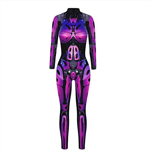 Alidamo Damen Halloween Jumpsuit Body Cosplay 3D Totenkopf Skelett lila Roboter groß von Alidamo