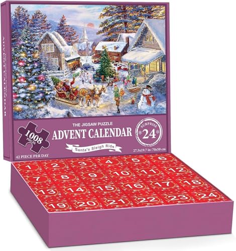 Alihoo Weihnachts-Adventskalender 2024, Puzzles, 24 Boxen, 1008 Teile, Countdown bis Weihnachten, Familienurlaub für Erwachsene und Kinder (lila) von Alihoo