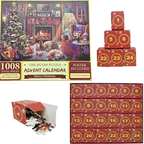 Alihoo Weihnachts-Adventskalender 2024 Puzzles, 24 Boxen 1008 Teile Puzzles Countdown bis Weihnachten Xmas Familie Urlaub Erwachsene und Kinder (Rot) von Alihoo