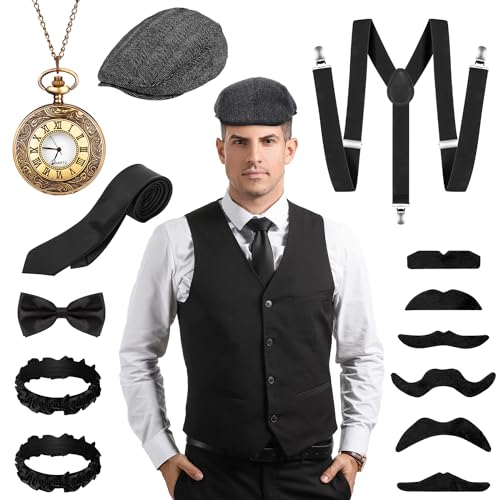 Alintor 20er Jahre Kostüm Herren, Mafia Karneval Kostüm Herren, Peaky Blinders Kostüm, 20er Jahre Accessoires, Faschingskostüme Männer Panamahut Taschenuhr Fliege Hosenträger Herren Kostüm Set von Alintor