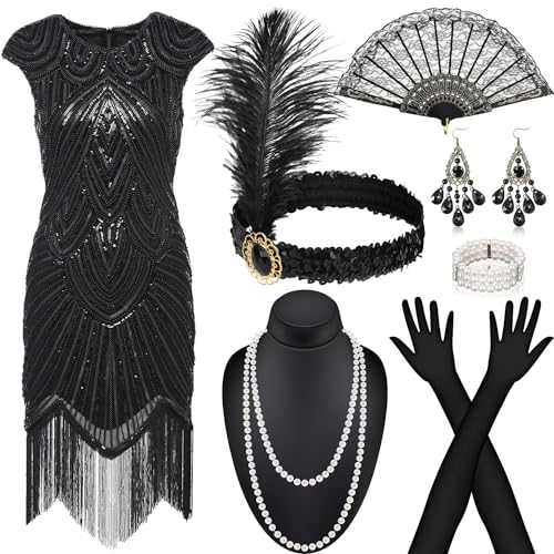 Alintor 20er Jahre Kostüm Damen, Faschingskostüme Damen mit 20er Jahre Kleid Accessoires, Karneval Kostüm Damen, Flapper Kleid 20er Jahre Mit Pailletten, Charleston Kleid, Peaky Blinders, Gatsby von Alintor