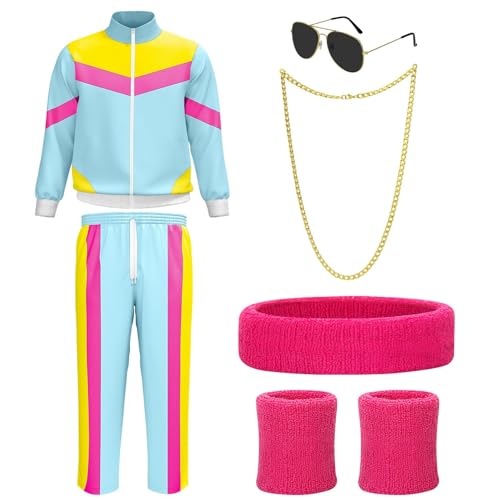 Alintor 80er Jahre Outfit Herren Damen, 90er 80er Trainingsanzug mit Hippie Accessoires, New Kids Disco Kostüm Herren Damen, Hippie Kostüm Herren Damen für Mottoparty Fasching von Alintor