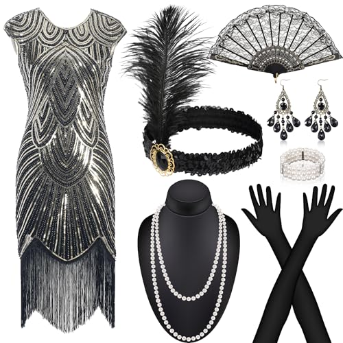 Alintor 20er Jahre Kostüm Damen, 20er Jahre Kleid, Karneval Kostüm Damen mit 20er Jahre Accessoires, Gatsby Kleid Damen, Charleston Kleid 20er Jahre für Fasching, Federboa Schwarz, Peaky Blinders von Alintor