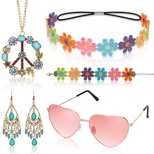 Alintor Hippie Accessoires, Hippie Kostüm Damen Accessoires, 5 Stück Hippie Schmuck, 70er Jahre Bekleidung Damen Zubehör, Flower Power Accessoires, Peace Kette, Hippie Brille (Böhmen Stil) von Alintor