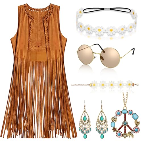 Alintor Hippie Kostüm Damen, Faschingskostüme Damen mit Hippie Accessoires Damen, Karneval Kostüm Damen, 70er Jahre Bekleidung Damen, Karneval Kostüm Damen mit Hippie Brille, Hippie Weste Flower Power von Alintor