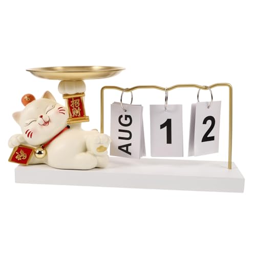 Alipis Glückskatzen-kalenderornament Desktop-Kalender Cartoon-Katze Servierplatte Dekoratives Tablett Wohnaccessoires Schlüsselablagefach Gelddose Kalender Anzeigen Weiß Hölzern von Alipis