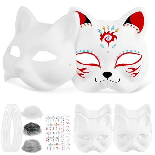 Alipis Katzenmaske Mit Fellen Augengeflecht Therian-Maske Unbemalte Halloween-Maske Einfache Maske Weiße Fuchsmasken Aus Papier Und Edelsteinaufkleber 6 Stück von Alipis