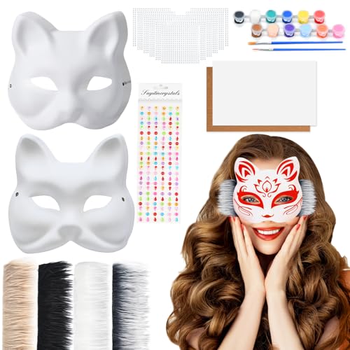 Alishomtll 10 Stück Katzenmasken zum Bemalen, DIY Blank Papier Maske, Cat Mask Fuchs Maske Weiße Halbmasken mit Plüsch Kunstfell Filz-Stoff Aufkleber für Halloween Karneval Maskerade Party Cosplay von Alishomtll