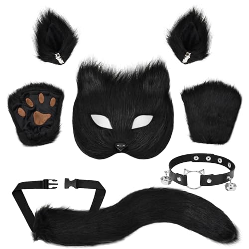 Alishomtll 5pcs Halloween Pelzige Katze Fuchs Maske Schwarz Wolf Schwanz, Plüsch Pfoten Handschuhe Tier Ohren Clip, Leder Hals Choker Set Karneval Cosplay Party Maskerade Kostüm für Kinder Erwachsene von Alishomtll