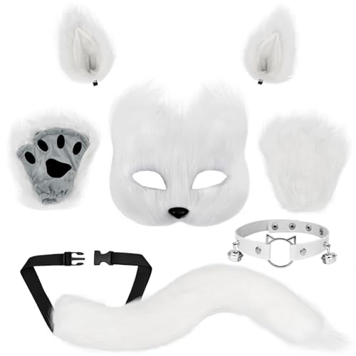 Alishomtll 5pcs Halloween Pelzige Katze Fuchs Maske Weiß Wolf Schwanz, Plüsch Pfoten Handschuhe Tier Ohren Clip, Leder Hals Choker Set Karneval Cosplay Party Maskerade Kostüm für Kinder Erwachsene von Alishomtll