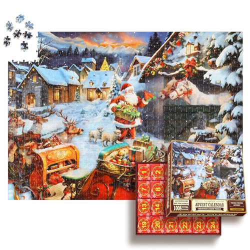 Alishomtll Adventskalender 2024 Puzzle 1008 Teile, 24 Boxen Neujahr Puzzles für 24 Tage Weihnachts Countdown Kalender, Neujahr Jigsaw Puzzle Geschenke für Erwachsene und Kinder, Bauerhof von Alishomtll