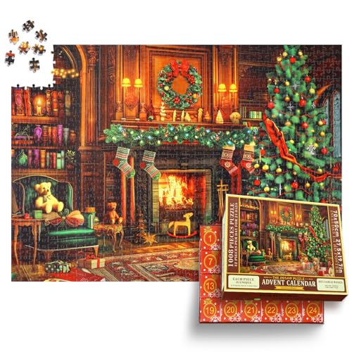 Alishomtll Adventskalender 2024 Puzzle 1008 Teile, 24 Boxen Weihnachten Puzzles für 24 Tage Weihnachts Countdown Kalender, Weihnachts Jigsaw Puzzle Geschenke für Erwachsene und Kinder, Kamin von Alishomtll