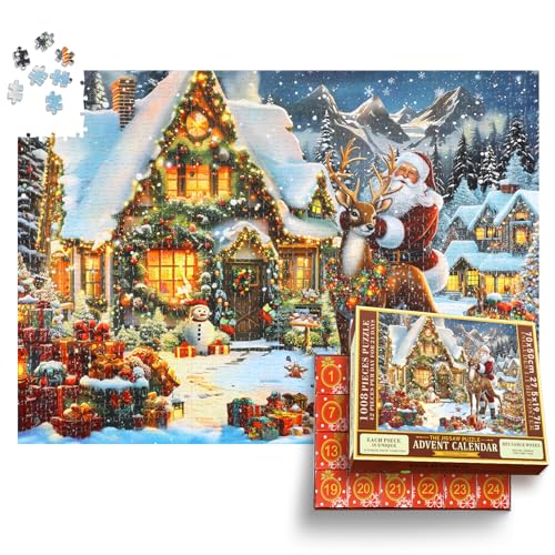 Alishomtll Adventskalender 2024 Puzzle 1008 Teile, 24 Boxen Weihnachten Puzzles für 24 Tage Weihnachts Countdown Kalender, Weihnachts Jigsaw Puzzle Geschenke für Erwachsene und Kinder, Rentier von Alishomtll