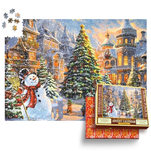 Alishomtll Adventskalender 2024 Puzzle 1008 Teile, 24 Boxen Weihnachten Puzzles für 24 Tage Weihnachts Countdown Kalender, Weihnachts Jigsaw Puzzle Geschenke für Erwachsene und Kinder, Schneemann von Alishomtll