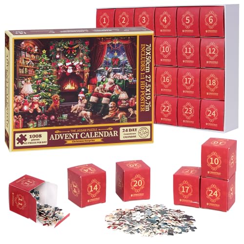 Alishomtll Adventskalender 2024 Puzzle 1008 Teile, 24 Tage Weihnachten Countdown Kalender, Weihnachten Jigsaw Puzzles Weihnachts Puzzle Geschenke für Erwachsene und Kinder 50x70cm, Kamin Hunde von Alishomtll