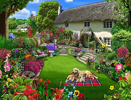 1000-teilige Puzzle für Erwachsene - Hunde in einem Cottage-Garten - Britischer Künstler | Hergestellt im Vereinigten Königreich | Recycelter Puzzle-Karton | 66cm x 50cm, Puzzle für Erwachsene von All Jigsaw Puzzles