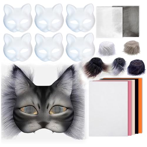 Allbestop 6 Stücke Katzenmaske Mit Fell-Augennetzen,Diy Papier Maske Mit Kuns Fell Und Eye Mesh Mit Filztuchstück Handbemalte Therian Masken-Bastelset Weiße -Masken Für Halloween, Maskerade-Party von Allbestop