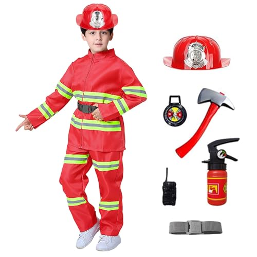 Allbestop Kinder Feuerwehrkostüm Kinder Feuerwehrhelm Feuerwehrkostüm Feuerwehrhelm Mit Feuerwehrhelm Feuerlöscher Jacke Hose Feuerwehr Zubehör Feuerwehrmann Faschingskostüme Feuerlöscher von Allbestop