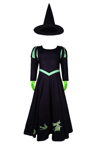 Alleyon Kinder Elphaba Hexenkostüm Mädchen Kleid mit Hexenhut Handschuhe für Karneval Party von Alleyon