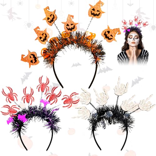 Allony 3 Stck Haarreif für Halloween Kostüme, Stirnband für Hexen Kostüm, Kürbis Spinne Schädelhand Kopfschmuck Stirnband, Deko Accessoire zu Halloween, Karneval & Fasching Rollenspiel von Allony