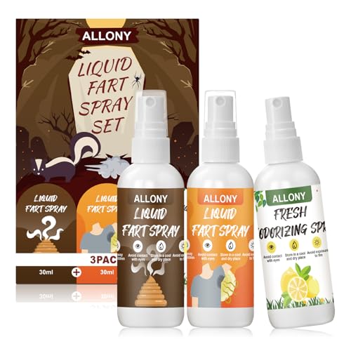 Allony Furzspray, extra stark, 2 Stück kniffliges flüssiges Furzspray-Set + 1 x Lufterfrischer-Spray, Streiche Furzspielzeug, sicher und tragbar, drei verschiedene Geschmacksrichtungen von Allony