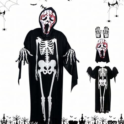 Allony Halloween Skelett Kostüm, Halloween Skelett Kostüm Erwachsene, Halloween Lustiges Knochen Kostüm, 120cm, mit Schreimaske und Handschuhen, Geeignet für Halloween, Partys und andere Festivals von Allony